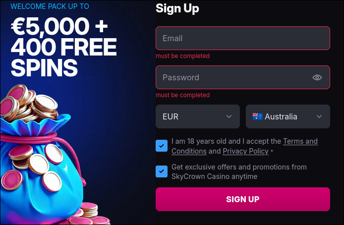 Ecrã de login do SkyCrown Casino mostrando o acesso à conta no computador e telemóvel