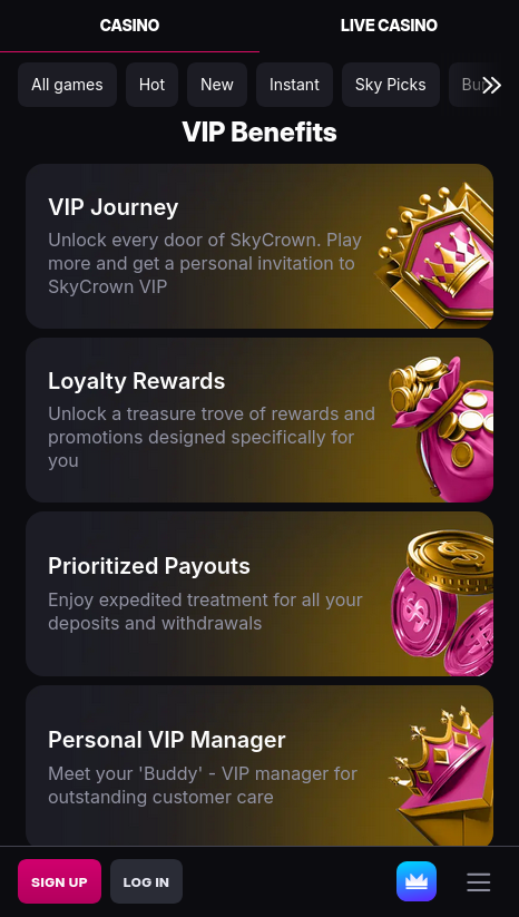 SkyCrown casino mobile app games interface showing pokies and navigation